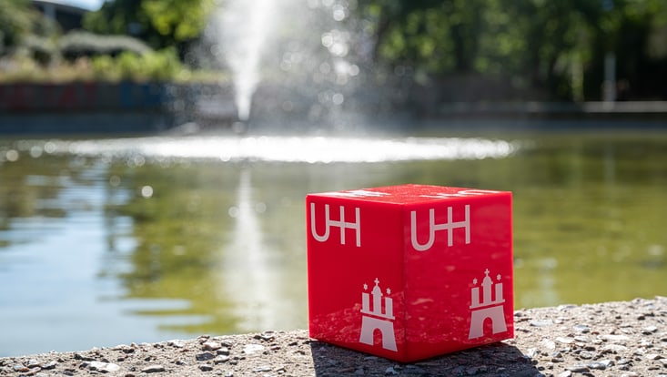 Roter Würfel am Ententeich auf dem Campus der Universität Hamburg.